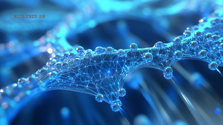 PSD abstracto de un primer plano de una cadena de adn azul brillante con nodos conectados