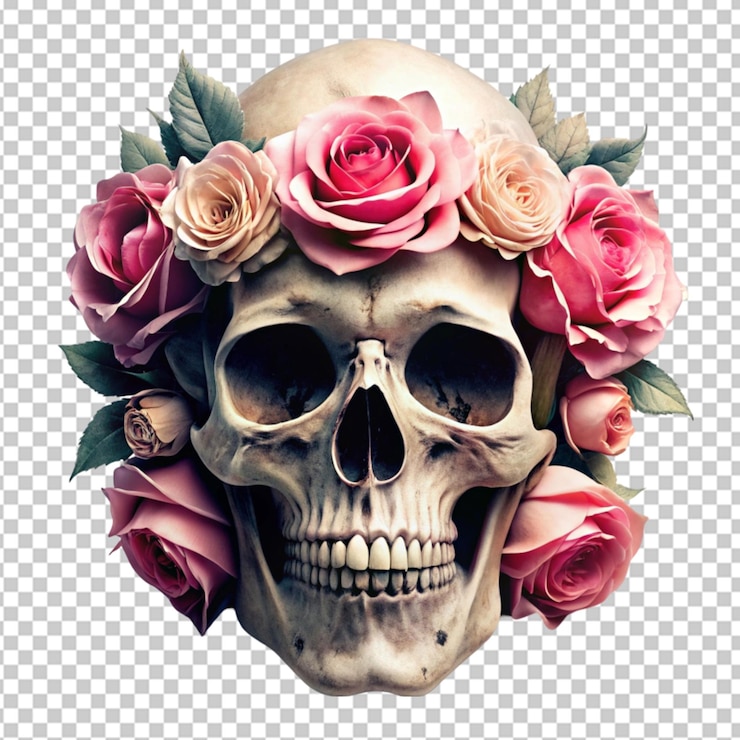 PSD abstracto surrealista elegante cráneo con rosas rosas en un fondo transparente