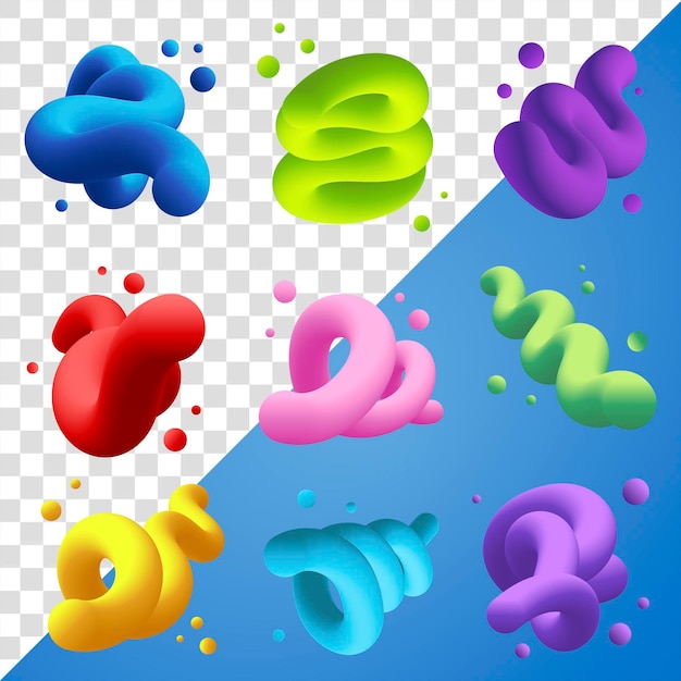 Abstrakte 3D-png-Flüssigkeitsform farbenfrohe verdrehte Set auf durchsichtigem Hintergrund