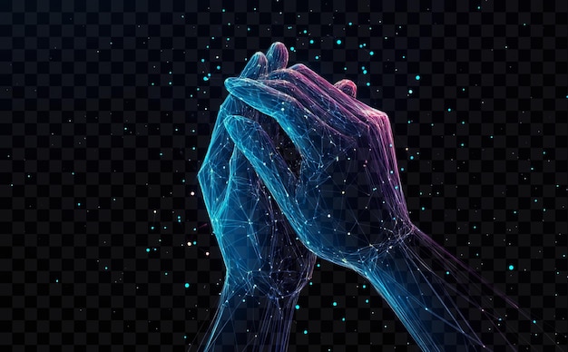 Abstrakte digitale leuchtende blaue Hände, die sich auf durchsichtigem Hintergrund halten