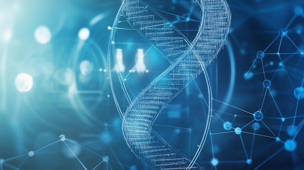 Abstrakte DNA-Doppel-Helix-Struktur mit verbindenden Knoten und Bokeh-Lichtern auf blauem Hintergrund