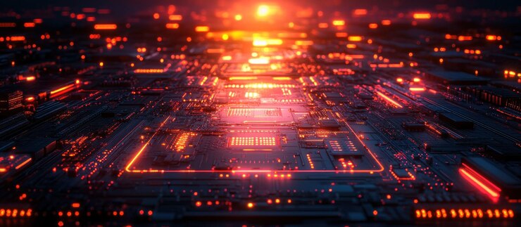 PSD abstrakte futuristische leiterplatte mit leuchtend roten lichtern
