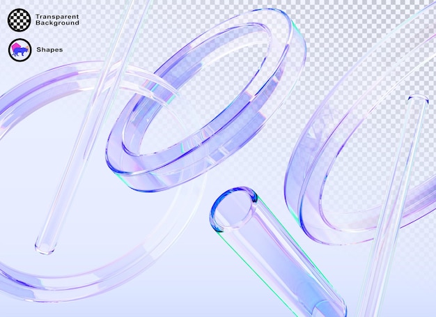 Abstrakter 3D-Hintergrund mit Glasflüssigkeit durchsichtige geometrische Formen rendern Dynamische Bg mit Kreisringen und Röhrenlinien Fliegende iridescente Figuren mit holographischer Gradienttextur