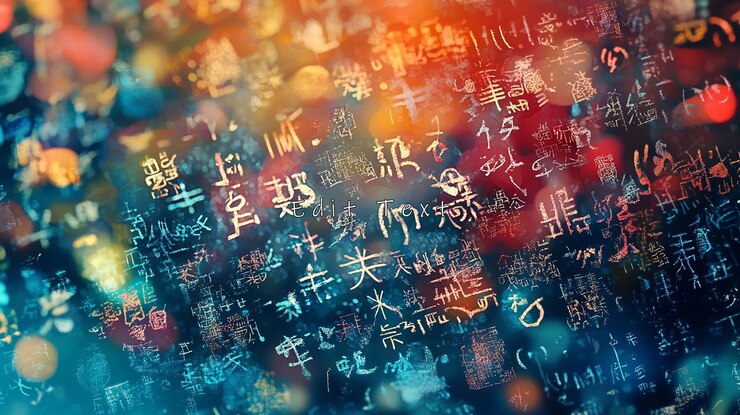 PSD abstrakter hintergrund mit bunten chinesischen schriftzeichen und bokeh-lichtern