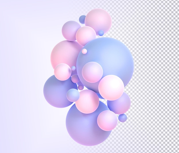 Abstrakter Hintergrund mit geometrischen Kugeln 3D-Rendering Holografische Bälle mit Farbverlauf Textur bunte Komposition aus fliegenden rosafarbenen blauen Kreisballons auf violettem Hintergrund