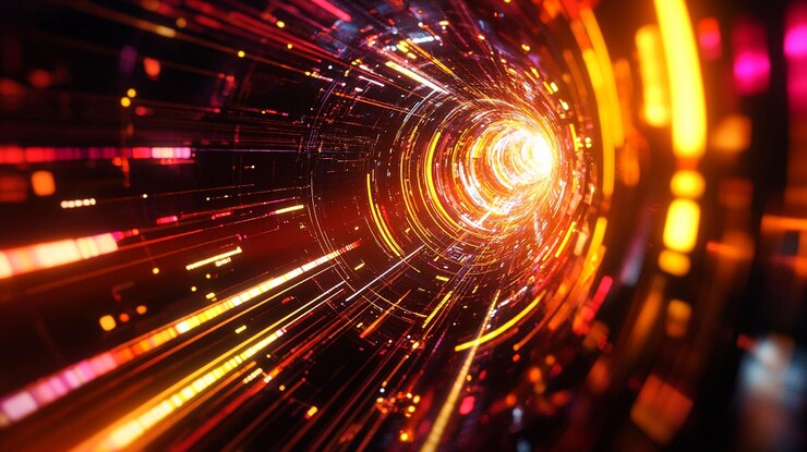 PSD abstrakter leuchtender tunnel mit lebendigen lichtstreifen und digitalen elementen