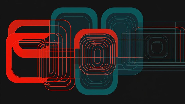 PSD abstraktes geometrisches design mit überlappenden roten und grünen abgerundeten quadraten auf schwarzem hintergrund