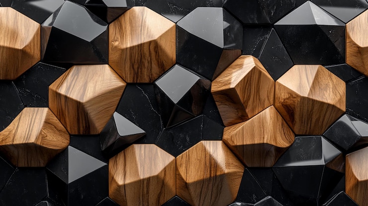 PSD abstraktes geometrisches wandpanel-design mit abwechselnden dunkeln holz- und schwarzen stein-hexagonalformen