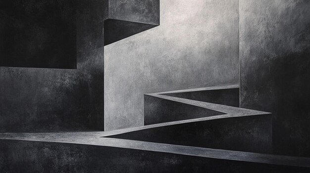 Abstraktes Graustufenbild einer strukturierten geometrischen Architekturszene mit dunklen Schattenformen und einer mysteriösen Atmosphäre