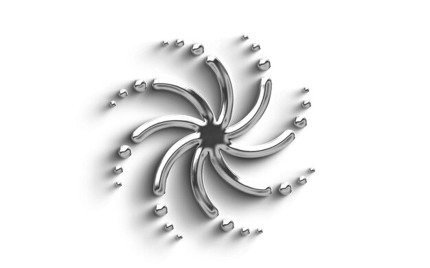 Abstraktes metallisches Spiraldesign mit Kugeln und Schatten auf weißem Hintergrund