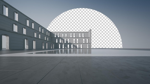 Abstraktní architektonický návrh klasické budovy, prázdné parkoviště a betonová zeď