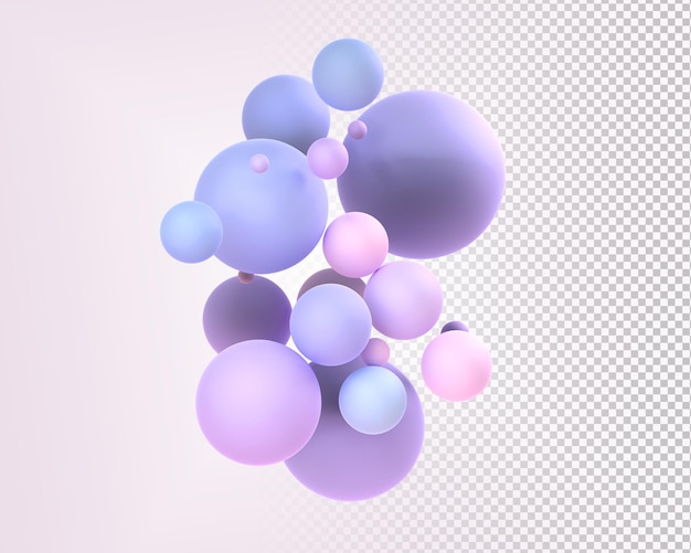 Abstrato com esferas geométricas renderização 3d Bolas holográficas com composição colorida de textura gradiente de balões de círculo azul rosa roxo voadores em pano de fundo bege