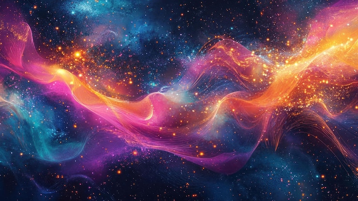 PSD abstratta nebulosa cosmica con colori vibranti e polvere scintillante