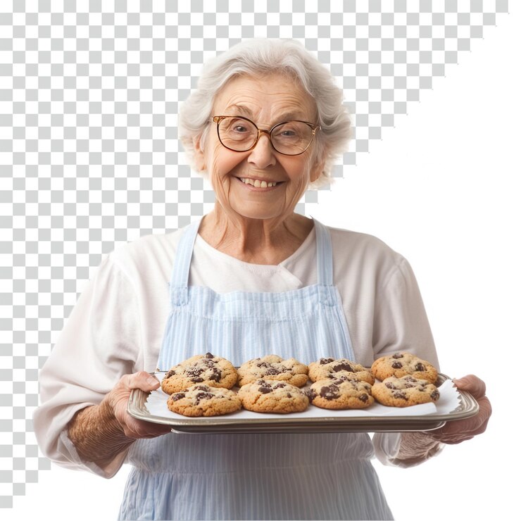 PSD una abuela alegre sosteniendo una bandeja de galletas recién horneadas de fondo transparente