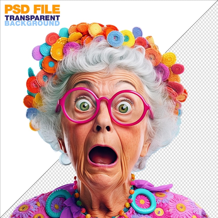 PSD una abuela bastante colorida está haciendo una cara graciosa en un fondo transparente