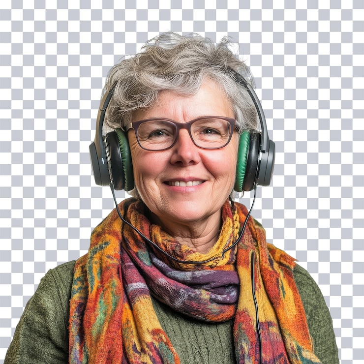 PSD abuela caucásica disfrutando de la música en un fondo transparente