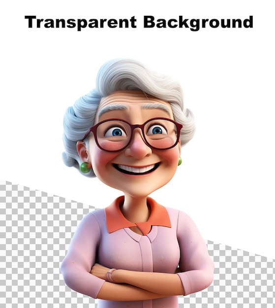 PSD una abuela de dibujos animados en 3d sonriendo y feliz