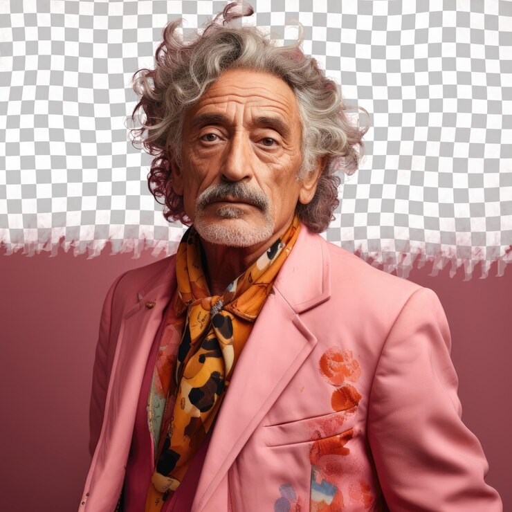 PSD abuelo artístico de asia occidental con el cabello rizado apoyado en la pared pastel