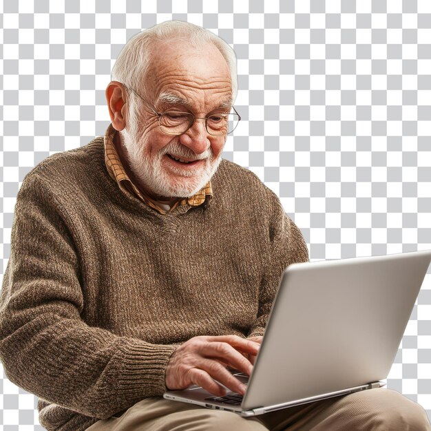 Un abuelo feliz usando una computadora portátil para comunicarse Contexto transparente