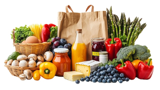 Abundancia de alimentos frescos, comestibles, canasta de productos agrícolas, huevos, jugo y bolsa de papel sobre un fondo transparente