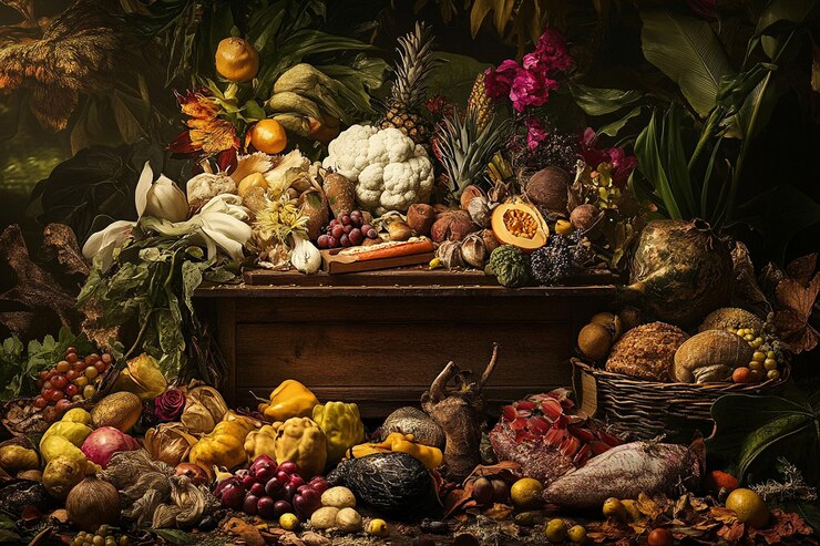 PSD abundante cosecha de naturaleza muerta con varias frutas verduras y flores en una caja de madera