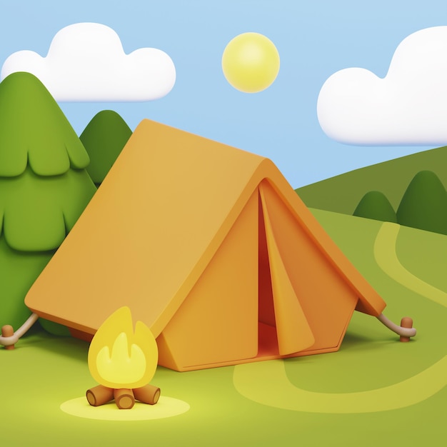 Acampamento de ilustração 3d PSD em uma clareira com uma barraca e uma fogueira