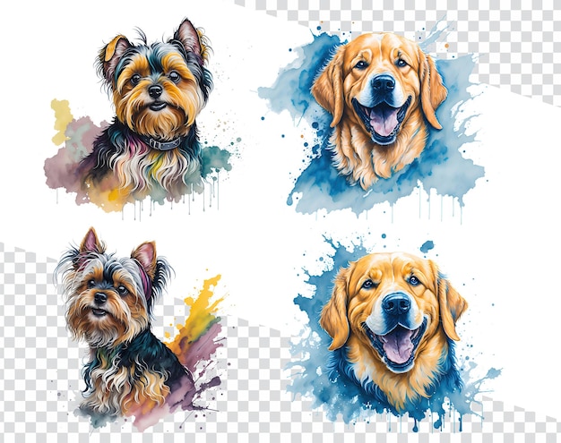 Accattivanti acquerelli alla pecorina Yorkshire Terrier e Golden Retriever in simpatica arte trasparente