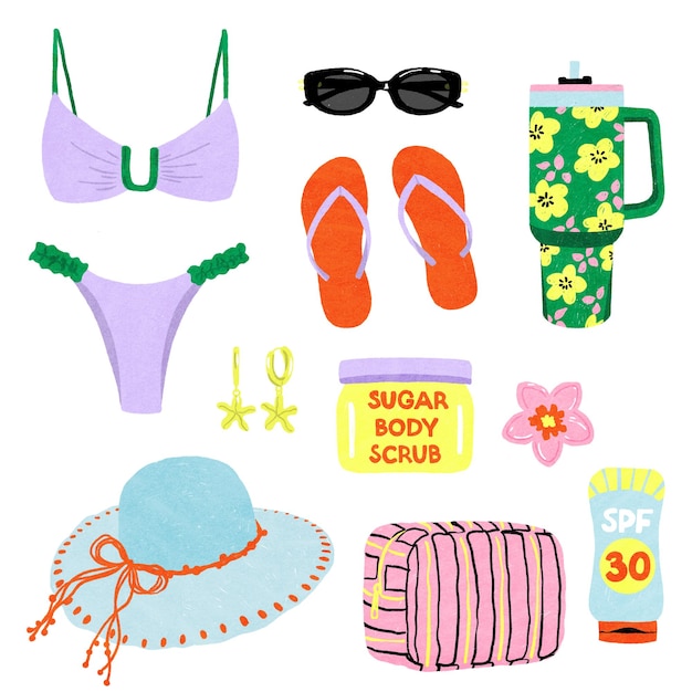 Accesorios de bikini y protector solar para la playa de verano