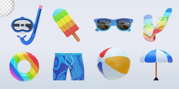 Accessoires de plage d'été Pack d'objets isolés rendu 3D