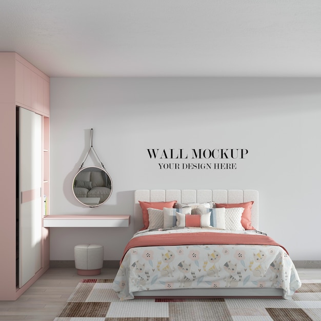 Accogliente mockup della parete della camera da letto con mobili bianchi rosa