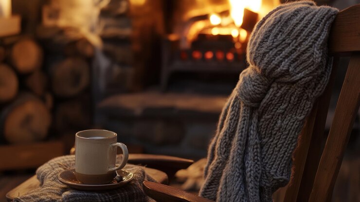 PSD accogliente scena autunnale caffè accanto al camino