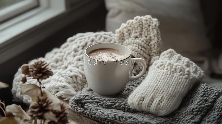 PSD accogliente scena invernale cacao caldo in tazza circondato da guanti e coperte a maglia vicino alla finestra