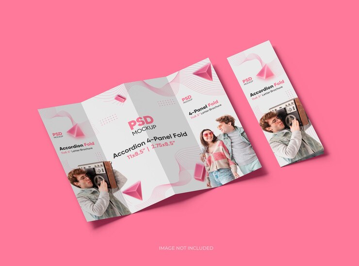 PSD accordeon regolabile 4 pannelli pieghevole modello di volantino a forma di lettera statunitense per presentare il tuo design render 3d