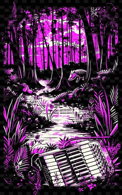 PSD accordioniste zydeco dans un bayou de louisiane avec des alligators et des dessins d'affiches de musique d'illustration