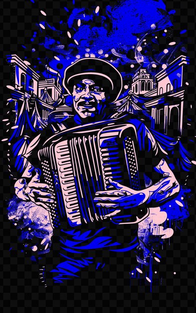 PSD accordioniste de zydeco dans un défilé de mardi gras avec des chars et une carte postale de la journée mondiale de la musique