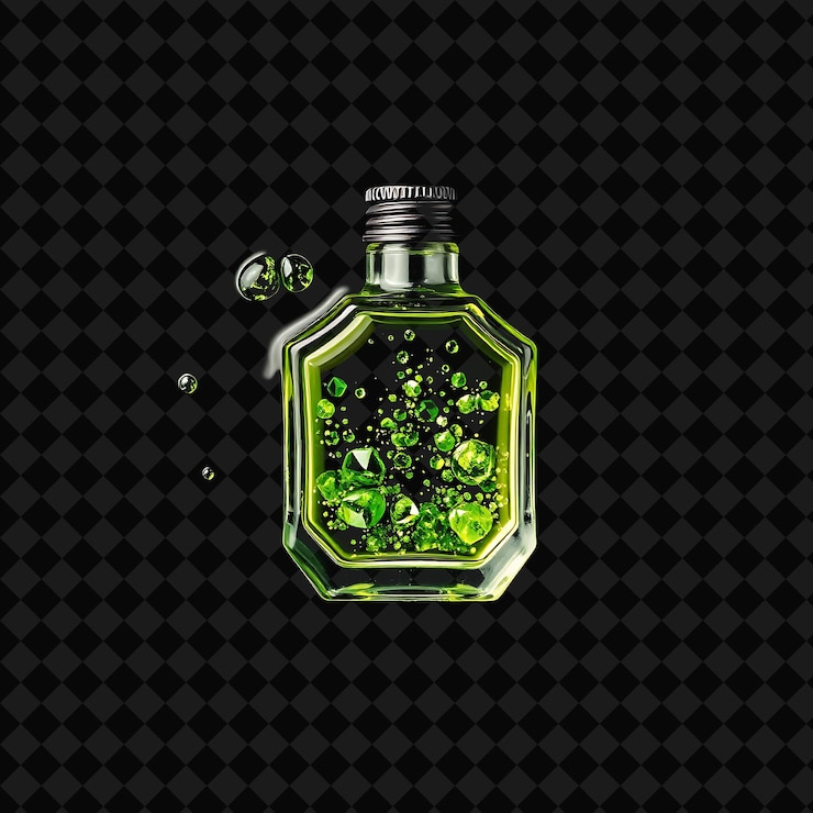 PSD el aceite de albahaca infundido con aventurina verde brilla creando un efecto de objeto fluido png brillante