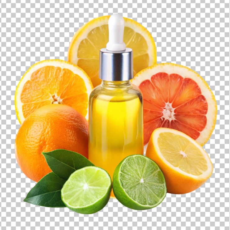 PSD aceite de cítricos con rebanadas de naranja sobre un fondo transparente