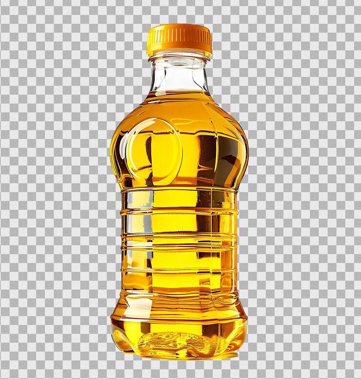 PSD aceite de cocina en una botella de plástico sobre un fondo transparente