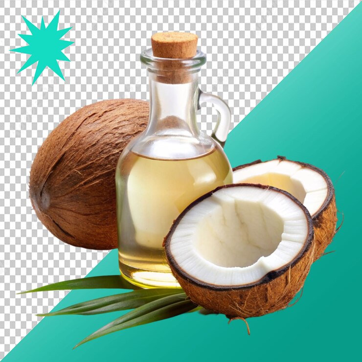 PSD aceite de coco en una botella de vidrio con coco en un fondo transparente