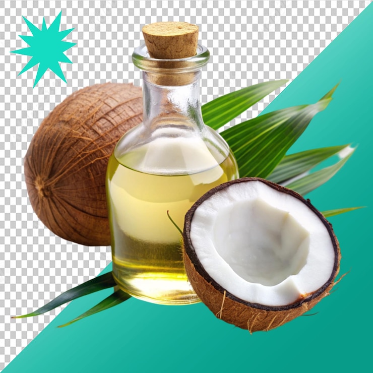 PSD aceite de coco en una botella de vidrio con coco en un fondo transparente