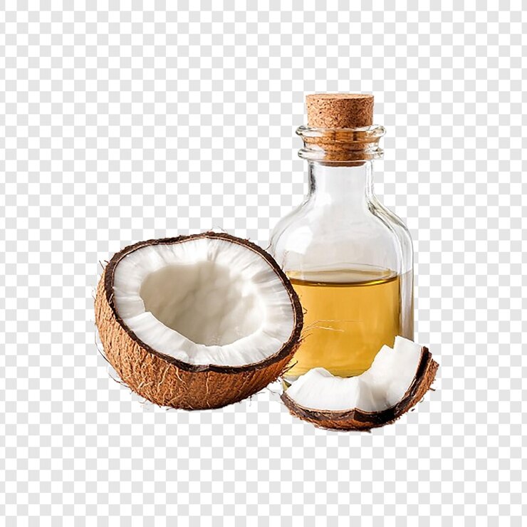 PSD aceite de coco en una botella de vidrio con un coco en un fondo transparente