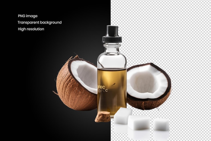 PSD aceite de coco en una botella de vidrio con cocos y cubos de azúcar con fondo eliminado