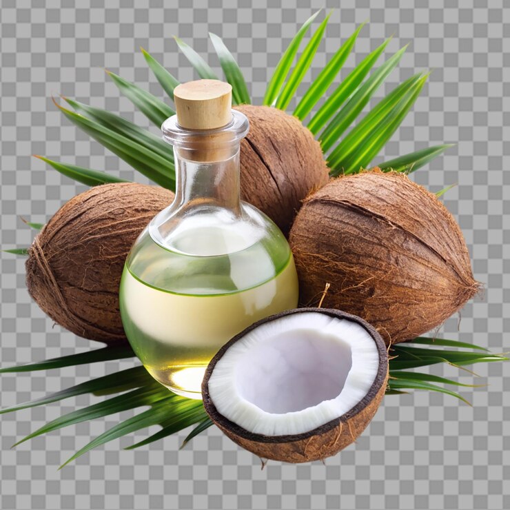 PSD aceite de coco en una botella de vidrio sobre un fondo transparente