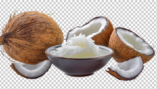 PSD aceite de coco en una cuchara de madera y pedazos de coco aislados sobre un fondo blanco.