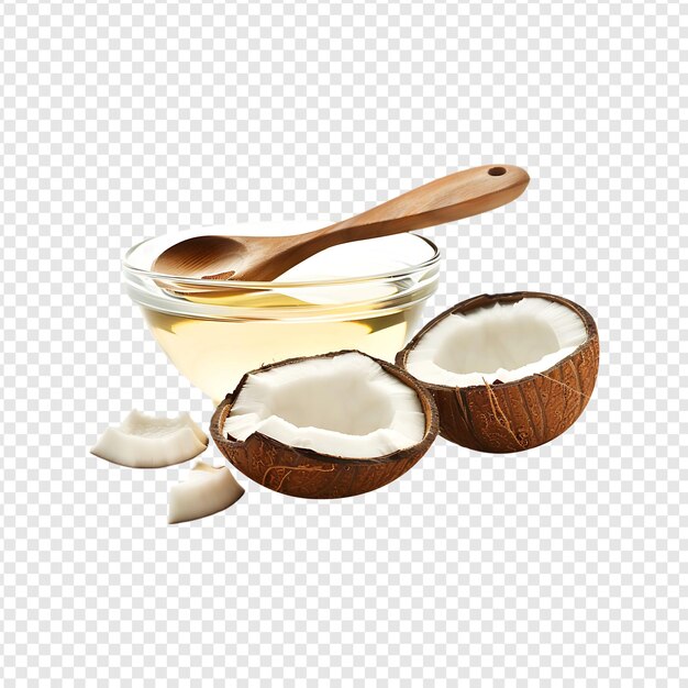 Aceite de coco en un cuenco con coco aislado sobre un fondo transparente por la IA generativa