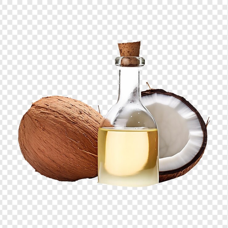 PSD aceite de coco que gotea del coco cortado por la mitad con la botella aislada sobre un fondo transparente