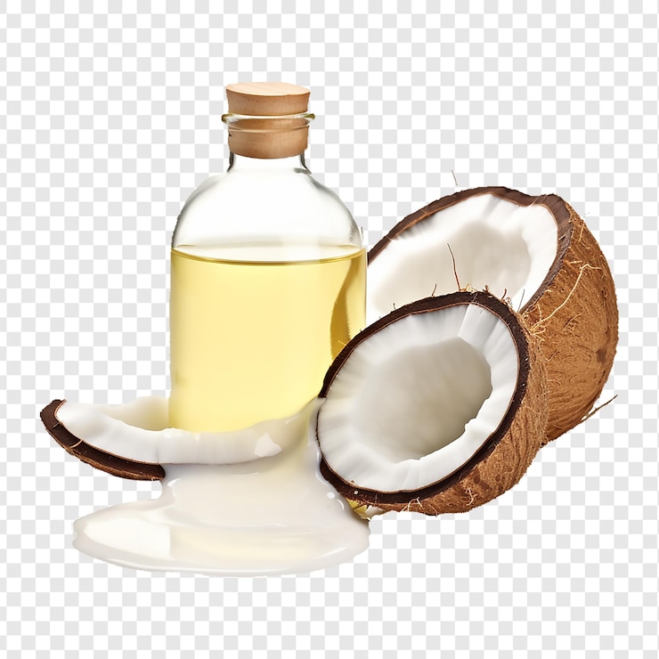 PSD aceite de coco que gotea del coco cortado por la mitad con la botella aislada sobre un fondo transparente