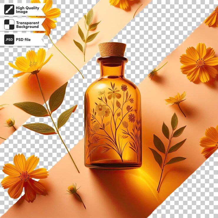 PSD aceite esencial amarillo psd con flores sobre un fondo transparente