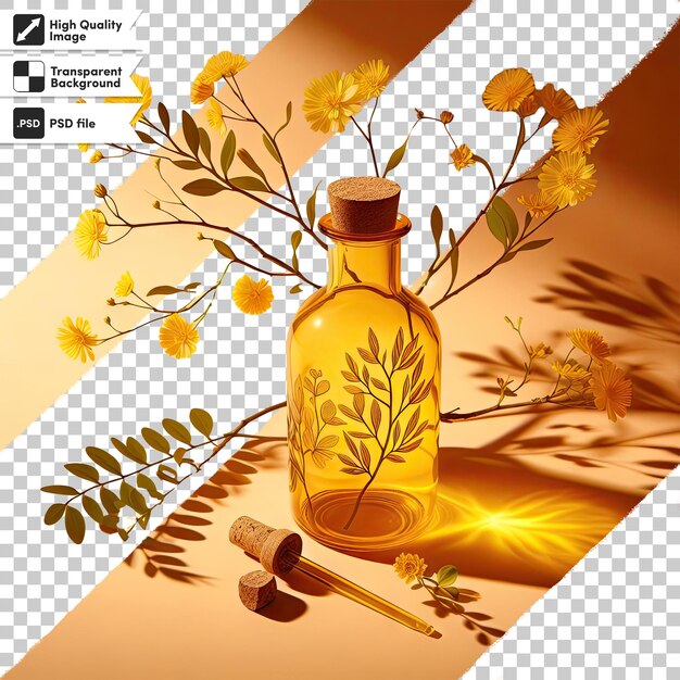 PSD aceite esencial amarillo psd con flores sobre un fondo transparente