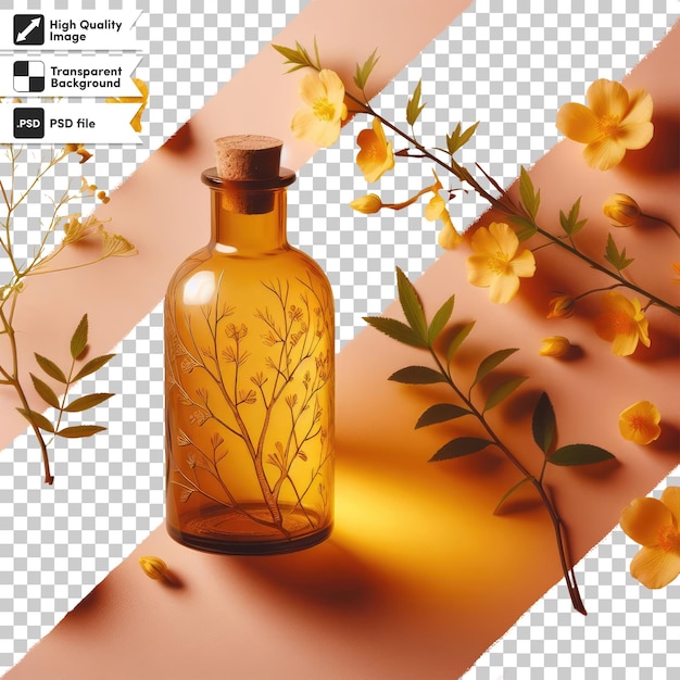 Aceite esencial amarillo psd con flores sobre un fondo transparente